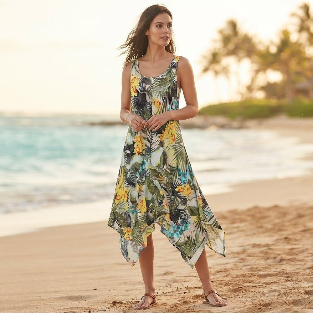 Context Tropical Floral Handkerchief Hem Midi Dress Sleeveless Beachy Coastal M